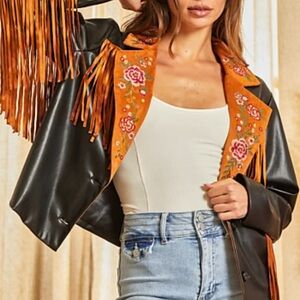 NWT Savanna Jane Black and Orange Embroidered Fringe Jacket